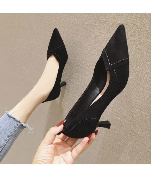 666-20 new 2019 autumn/winter women's high-heeled shoes, thin heel, pointed toe, light suede, girl's style and women's sole rubber