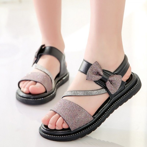 Children's leather sandals 2020 summer new Sequin flat bottom princess shoes bow Korean version versatile student shoes