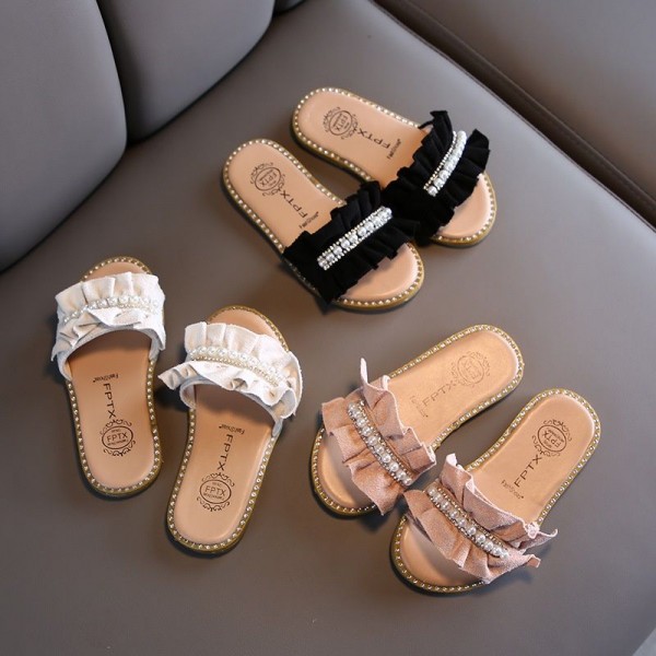 2020 summer new children's slippers Korean pearl girl cool drag soft bottom lace women's shoes antiskid wholesale
