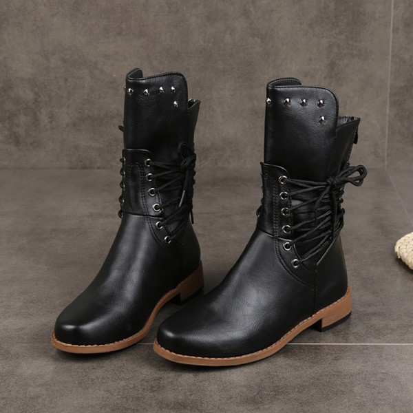 Autumn and winter new foreign trade hollow heel low heel belt buckle rivet short boots popular round head thick heel Large Martin boots women 