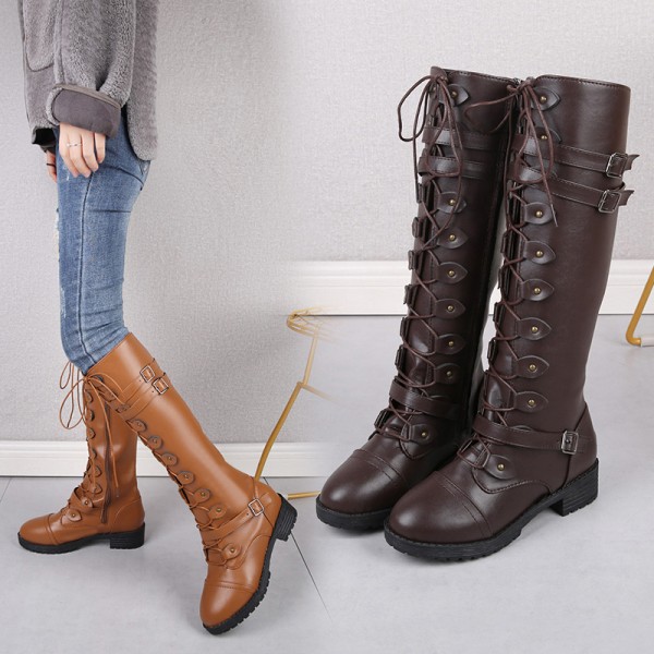 Foreign trade large size Knight boots women 2020 new autumn and winter European and American low heel flat bottomed round head belt buckle boots women manufacturers