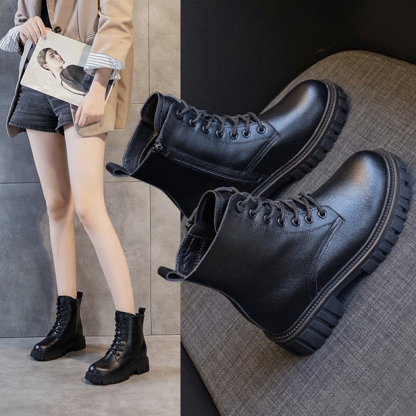 2021 autumn new leather Martin boots women's thick bottom inner increase Korean lace up casual side zipper women's Boots 