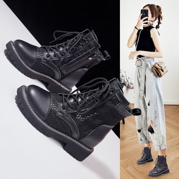 2021 spring mesh Martin boots women's thick soled inner raised student shoes side zipper women's casual boots 