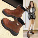 Thick bottom front zipper short boots women's 2021 autumn and winter new plush British Martin boots leather boots one hair substitute 