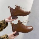 Fashion boots women's autumn 2021 new square root round head front lace up solid color middle heel nude boots in stock 
