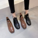Fashion boots women's autumn 2021 new square root round head front lace up solid color middle heel nude boots in stock 
