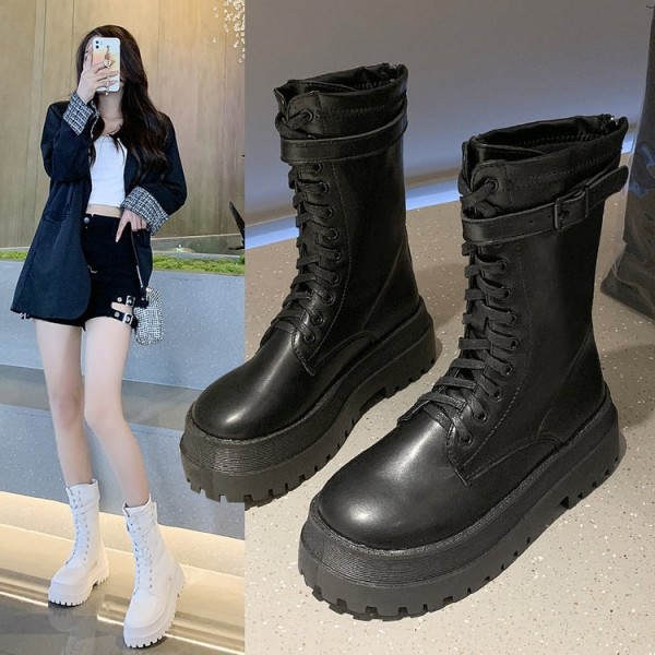 2021 muffin thick soled Knight boots women's high Martin boots show thin motorcycle boots round head below knee high boots women's autumn 