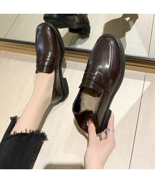 2021 autumn and winter new British style small leather shoes student black college Plush Lefu shoes flat bottomed women's shoes wholesale 