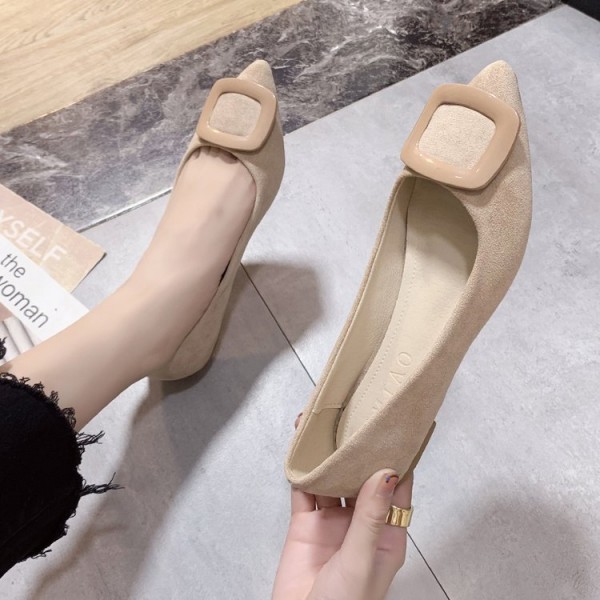 2021 spring new square button shallow flat sole single shoes pointed suede comfortable women's shoes comfortable work shoes wholesale 
