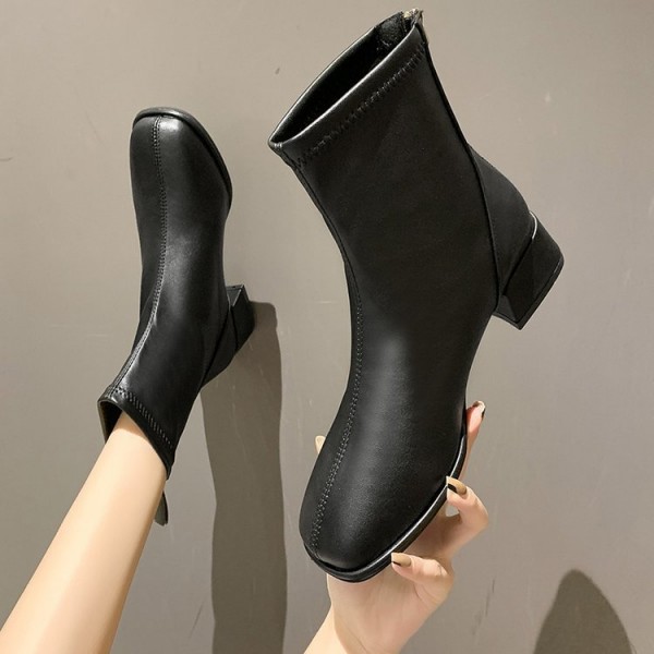 Autumn and winter 2021 new Korean version net red single boots women soft leather square head short boots women Plush high heels thick heels thin boots women 