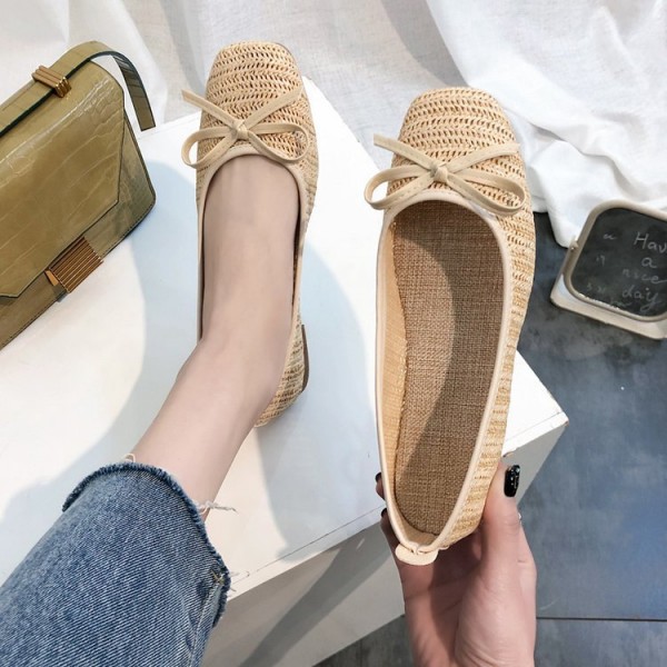 2021 summer new grass woven square head single shoes flat bottom shallow mouth bow breathable Doudou shoes women's shoes wholesale 