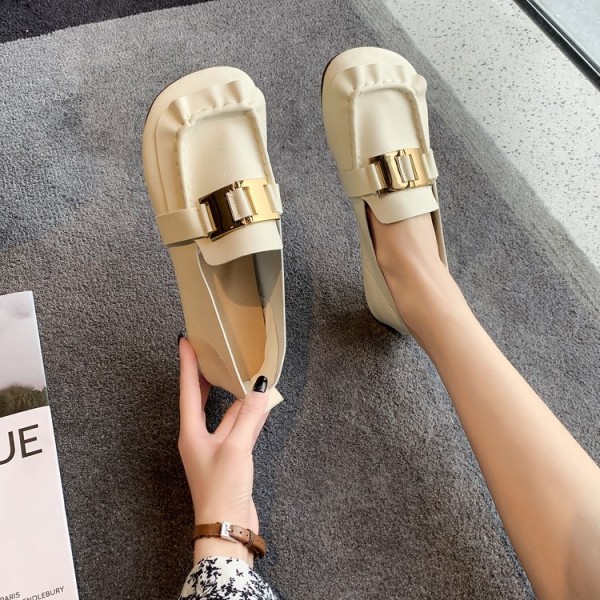 2021 autumn new Korean flat sole single shoes square head soft bottom bean shoes metal buckle fashion Lefu women's shoes wholesale 