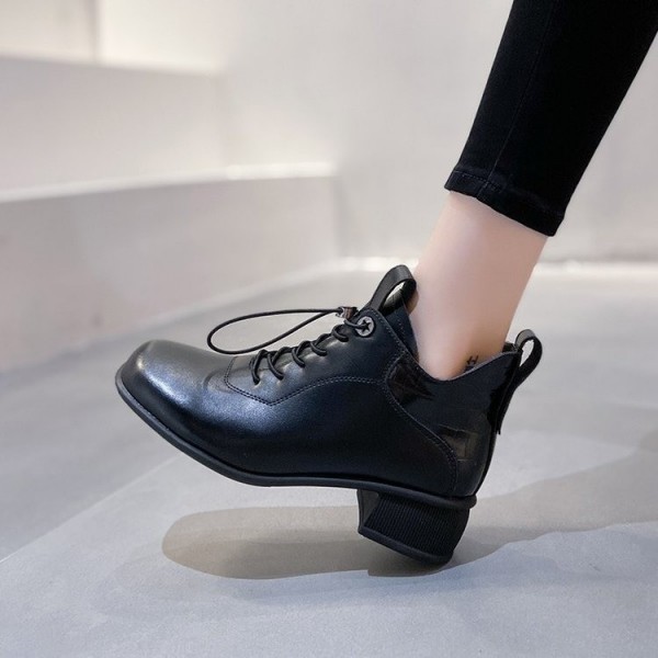 Fashion boots women's autumn 2021 new square root round head front lace up solid color middle heel nude boots in stock 