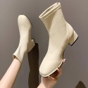 Autumn and winter 2021 new Korean version net red single boots women soft leather square head short boots women Plush high heels thick heels thin boots women 