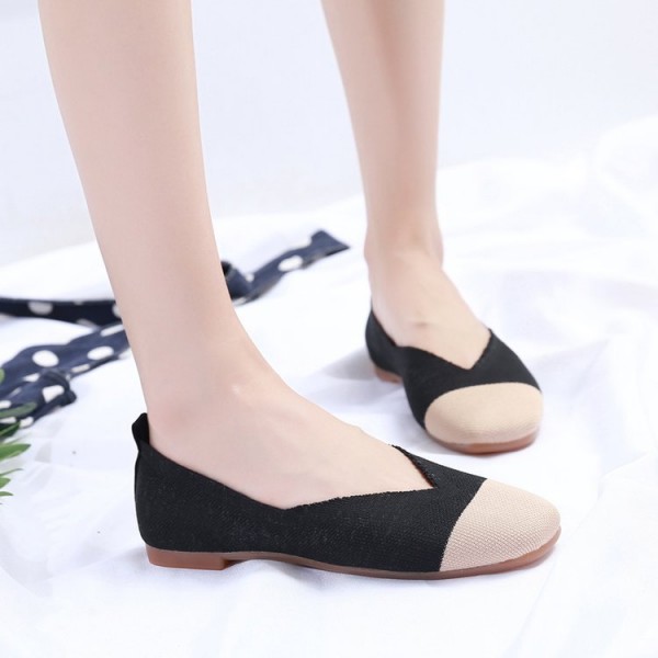2021 spring new flat sole single shoes women's Korean fashion color matching flying woven breathable square head shallow mouth Doudou shoes wholesale 