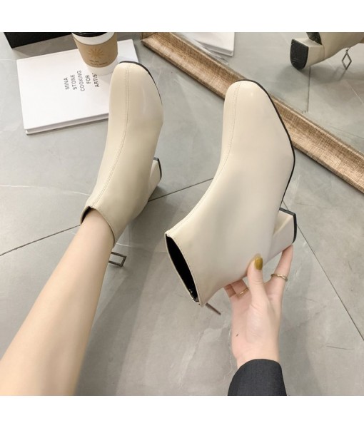 2021 autumn and winter New Retro thick heel short boots square head leather Martin boots back zipper Plush high-heeled women's boots wholesale 