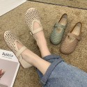 2021 summer new hollow out flat sole single shoes with one-line buckle, round head shallow mouth pea shoes, soft soled pregnant women's shoes 