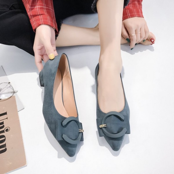 2021 spring new Korean version pointed single shoes thick heel shallow suede low heel women's shoes fashion work shoes wholesale 