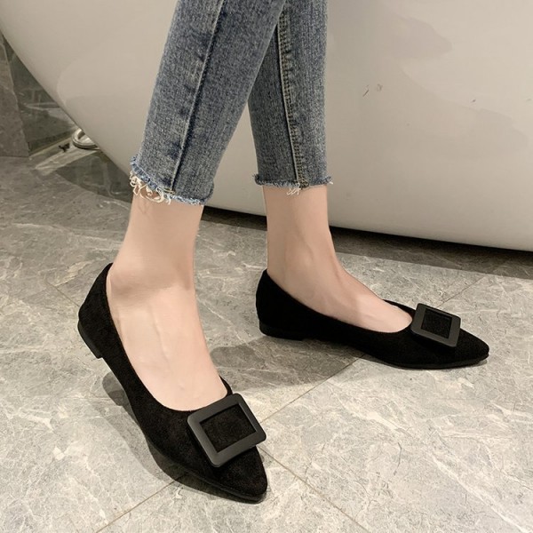 2021 spring new Korean pointed shallow mouth flat shoes fashion square button suede single shoes fashion women's shoes wholesale 