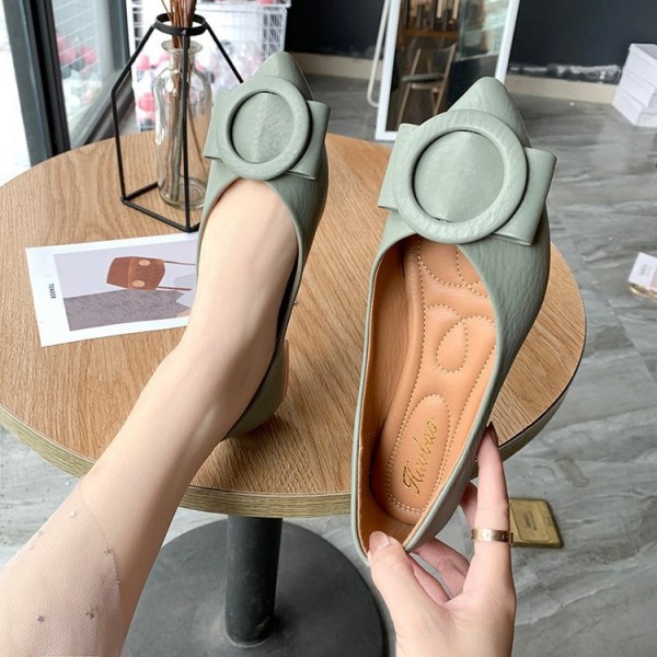 2021 spring new Korean version pointed single shoes bow shallow mouth flat shoes comfortable leather soft sole women's shoes wholesale 