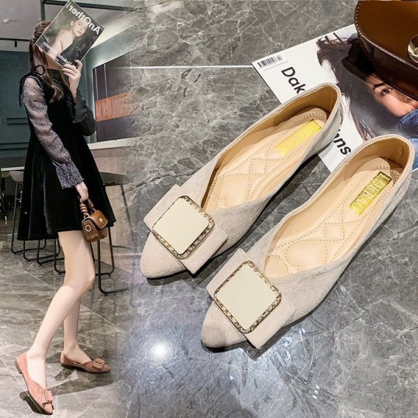 2021 autumn new Korean flat sole single shoes women's pointed shallow mouth bow square buckle suede comfortable women's shoes wholesale 