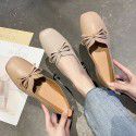 2021 spring new retro square head shallow mouth flat sole single shoe bow flat heel soft bottom pea shoes women's shoes wholesale 