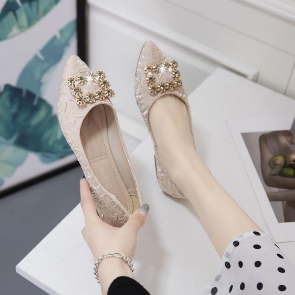 2021 summer new Korean version pointed single shoes Rhinestone square buckle shallow flat shoes silk and satin cloth women's shoes wholesale 