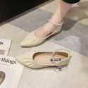 Wholesale of new Korean flat sole single shoes in spring 2021 with pointed shallow mouth Beaded Ankle buckle and wrinkled leather women's shoes 
