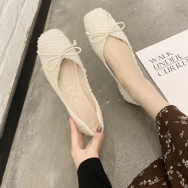 2021 autumn new Korean flat sole single shoes Square Head shallow mouth cloth bean shoes fashion bow women's shoes wholesale 