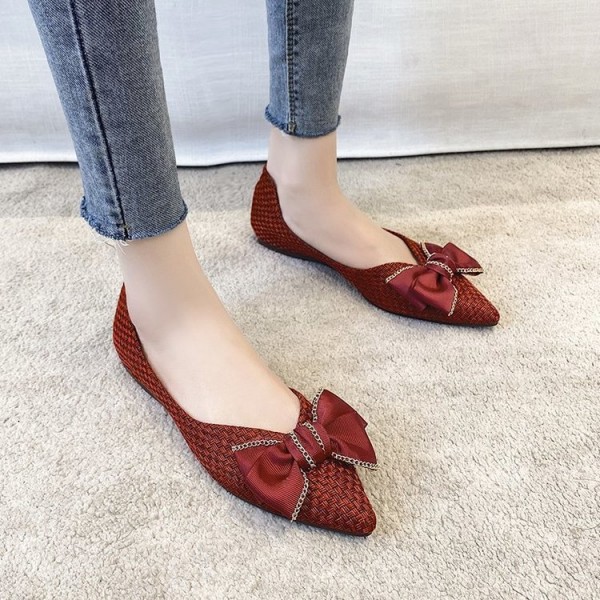 2021 spring new fairy style pointed single shoes shallow mouth woven flat shoes fashion bow women's shoes wholesale 