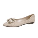 2021 summer new Korean version pointed single shoes Rhinestone square buckle shallow flat shoes silk and satin cloth women's shoes wholesale 