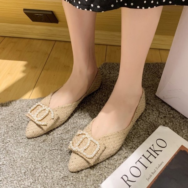 2021 spring new fairy style pointed shallow mouth single shoes pearl buckle cover foot flat shoes comfortable women's shoes wholesale 