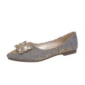 2021 summer new Korean version pointed single shoes Rhinestone square buckle shallow flat shoes silk and satin cloth women's shoes wholesale 