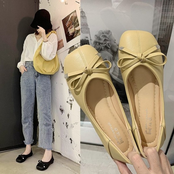 2021 summer new Korean flat sole single shoes bow shallow mouth square head pea shoes comfortable flat heel women's shoes wholesale 