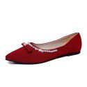 2021 spring new pointed shallow mouth flat shoes women's bow pearl flat heel shoes red wedding shoes wholesale 