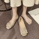 2021 autumn new Korean flat sole single shoes Square Head shallow mouth fashion pleated cloth Doudou shoes pearl buckle women's shoes 