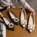 2021 spring new Korean flat shoes pointed shallow mouth pearl ball buckle single shoes lattice comfortable women's shoes wholesale 