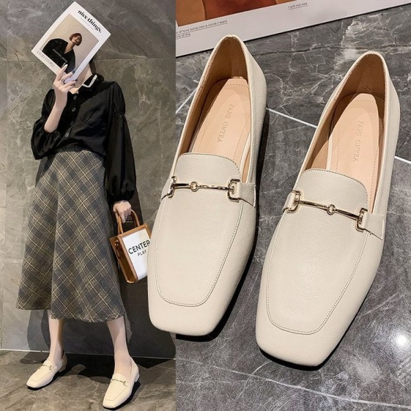 2021 spring new style square head single shoes thick heel sleeve foot metal chain small leather shoes black low heel women's shoes wholesale 