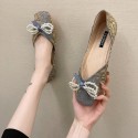 2021 summer new Korean flat sole single shoes silk satin square head shallow mouth Doudou shoes Beaded bow women's shoes wholesale 