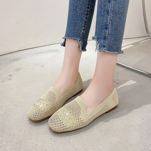 2021 summer new knitted flat sole single shoes Rhinestone breathable square head pea shoes cover feet comfortable women's shoes wholesale 