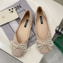 2021 summer new Korean flat sole single shoes silk satin square head shallow mouth Doudou shoes Beaded bow women's shoes wholesale 