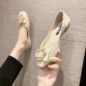 2021 summer new Korean flat sole single shoes Square Head shallow mouth bow round buckle Doudou shoes silk and satin fashion women's shoes 