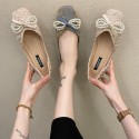 2021 summer new Korean flat sole single shoes silk satin square head shallow mouth Doudou shoes Beaded bow women's shoes wholesale 