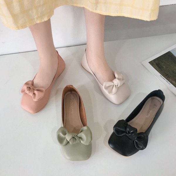 2021 spring new sweet flat sole single shoes women's head shallow mouth pea shoes bow soft sole women's shoes wholesale 