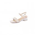 2021 summer new small fresh thick heel sandals women's summer middle heel temperament one word with pearl square head high heels 