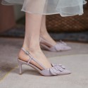 20201 Baotou back empty high heels women's summer one line buckle leather elegant flower pointed sandals light yellow 