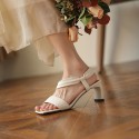 2021 summer new soft and comfortable square head open toe middle heel sandals Korean version simple thick heel slotted buckle sandals 
