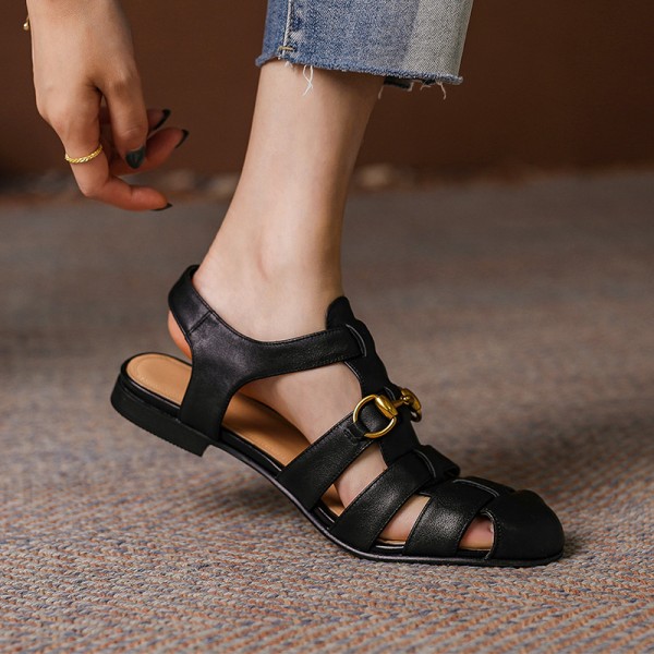 Baotou sandals women's summer 2021 New Retro hollow woven one line buckle flat bottom French simple ROMAN SANDALS 
