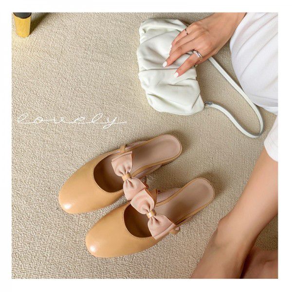 Xiaoxiang cool slippers women's shoes 2021 wear sweet bowknot Baotou flat heel net red half slippers in spring and summer 