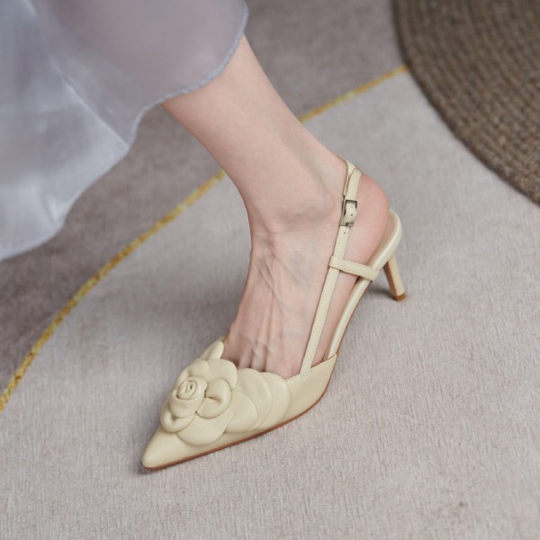 20201 Baotou back empty high heels women's summer one line buckle leather elegant flower pointed sandals light yellow 